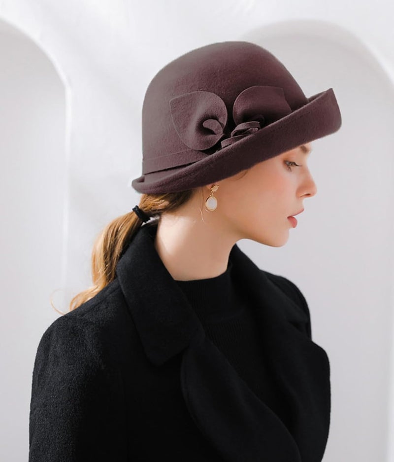 ORIDOOR Women Vintage Wool Felt Flowers Bucket Cloche Bowler Hat Church Wedding Dress Fascinator Hat Winter Felt Fedoras - Image 2
